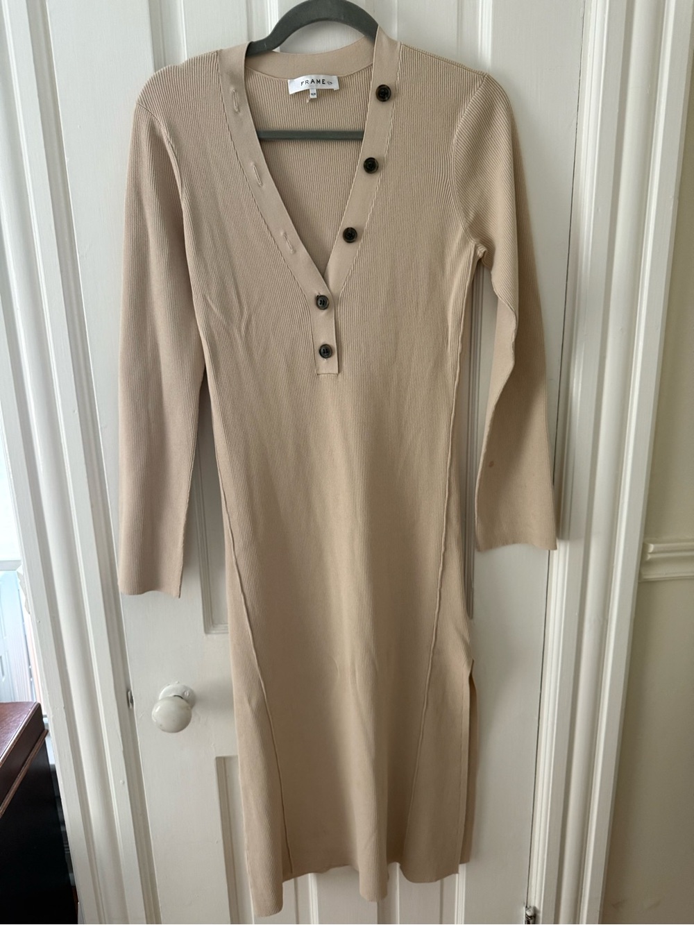 Frame Denim Beige Long Sleeve V-Neck Midi Dress with Side Slit - Picture 2 of 6